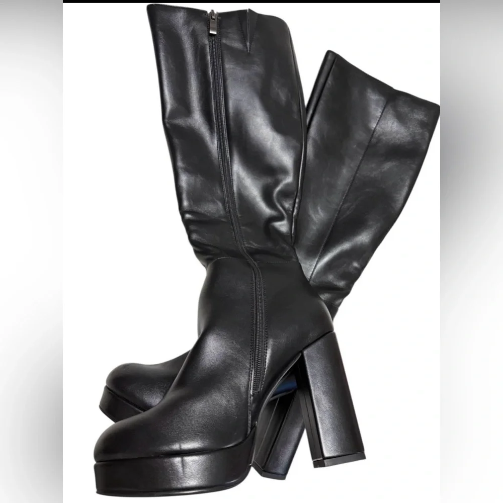 Black Platform Knee-High Leather Boots - Picture 2 of 3